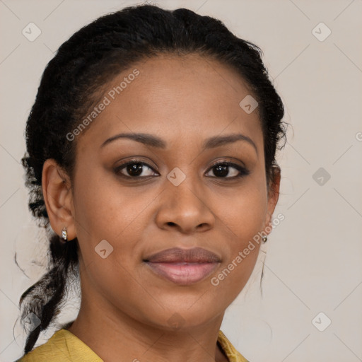 Joyful black young-adult female with medium  brown hair and brown eyes