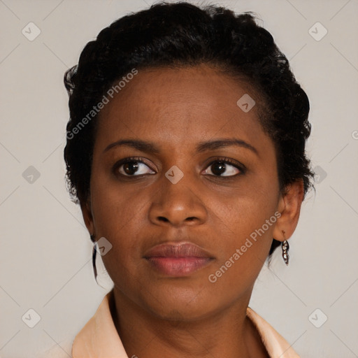 Neutral black young-adult female with short  brown hair and brown eyes