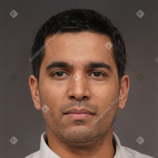 Neutral latino young-adult male with short  black hair and brown eyes