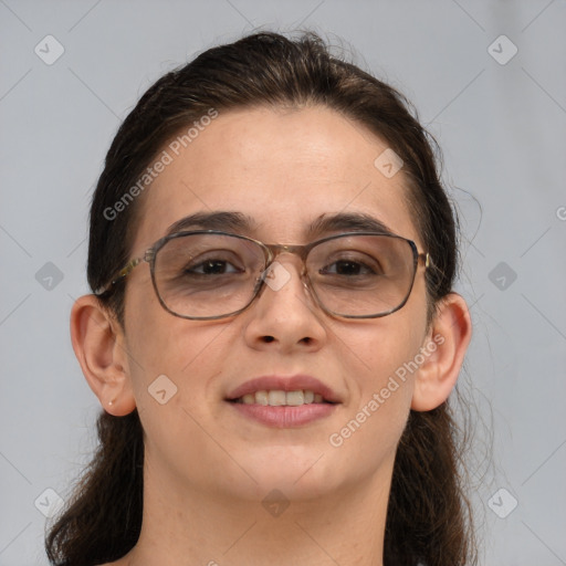 Joyful white adult female with medium  brown hair and brown eyes