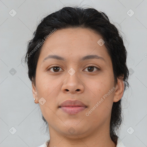 Neutral asian young-adult female with medium  brown hair and brown eyes