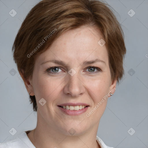 Joyful white adult female with medium  brown hair and grey eyes