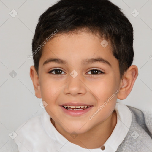 Joyful white child male with short  brown hair and brown eyes