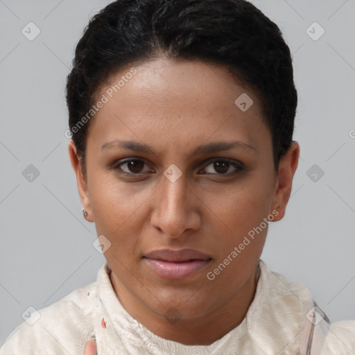 Neutral white young-adult female with short  brown hair and brown eyes