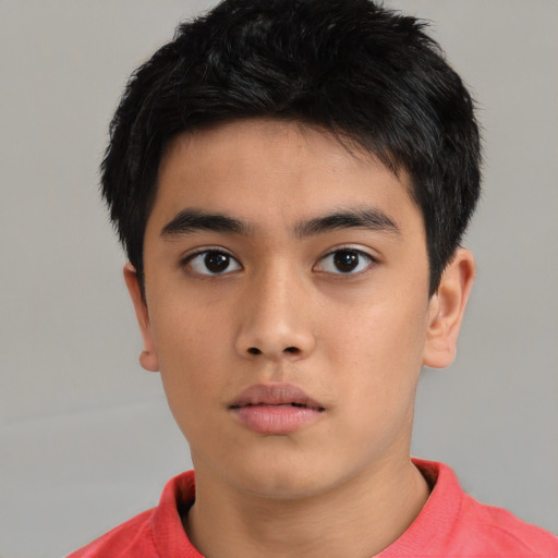 Neutral asian young-adult male with short  black hair and brown eyes