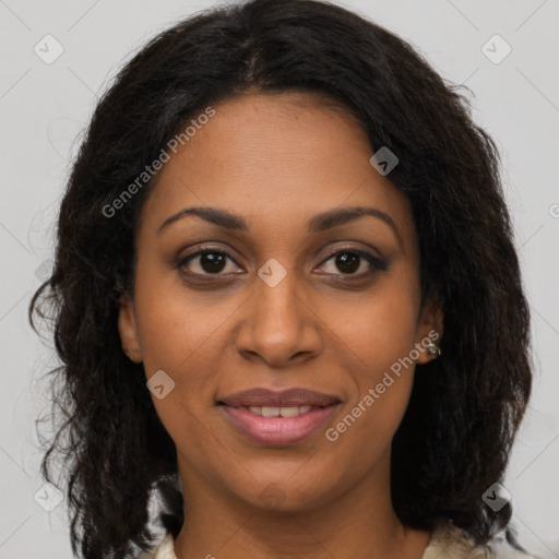 Joyful black young-adult female with medium  brown hair and brown eyes