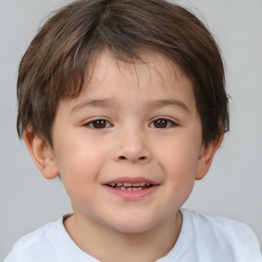 Joyful white child female with short  brown hair and brown eyes