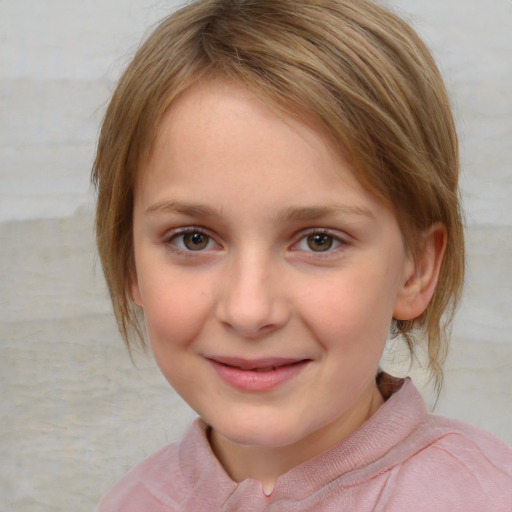 Joyful white child female with medium  brown hair and blue eyes