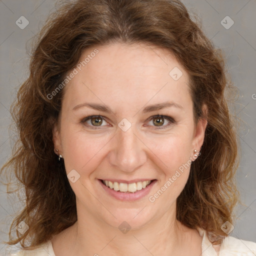 Joyful white young-adult female with medium  brown hair and green eyes