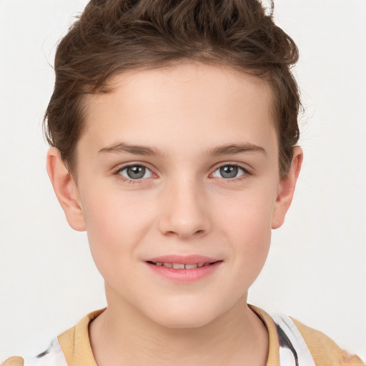 Joyful white child female with short  brown hair and brown eyes