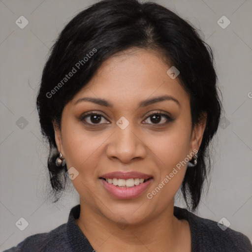 Joyful latino young-adult female with medium  black hair and brown eyes