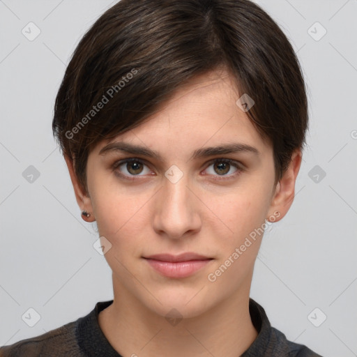 Neutral white young-adult female with short  brown hair and brown eyes