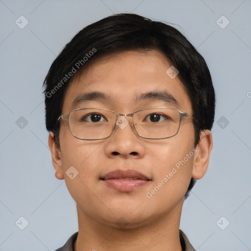 Neutral asian young-adult male with short  brown hair and brown eyes