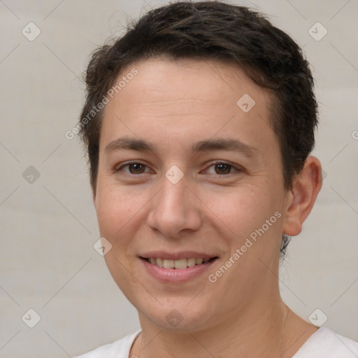 Joyful white young-adult female with short  brown hair and brown eyes