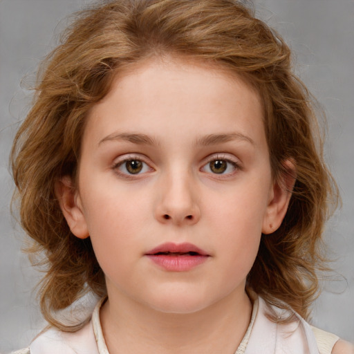 Neutral white child female with medium  brown hair and blue eyes