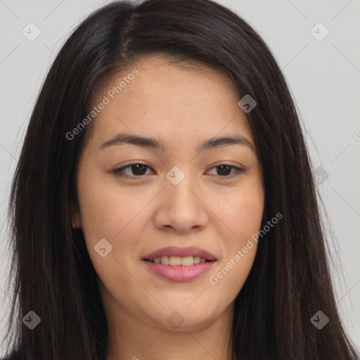 Joyful asian young-adult female with long  brown hair and brown eyes