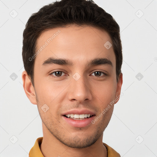 Joyful white young-adult male with short  brown hair and brown eyes