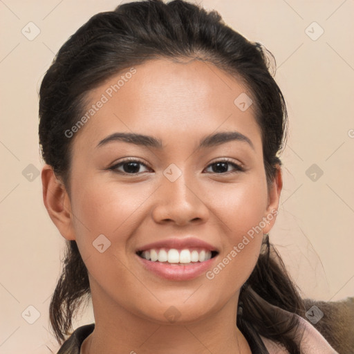 Joyful white young-adult female with long  brown hair and brown eyes