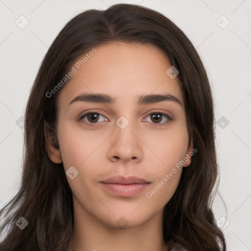 Neutral white young-adult female with long  brown hair and brown eyes