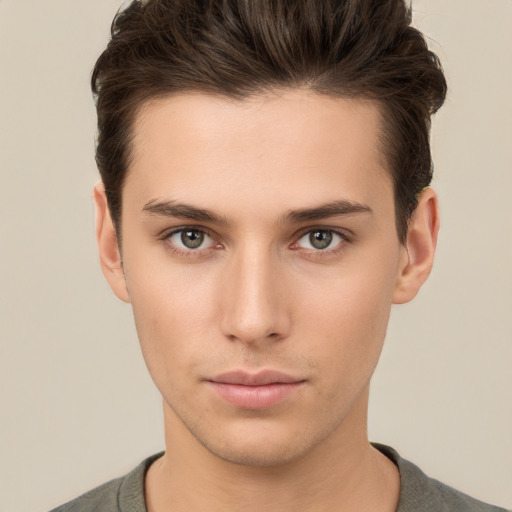 Neutral white young-adult male with short  brown hair and brown eyes