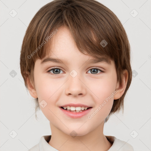 Joyful white child female with medium  brown hair and brown eyes