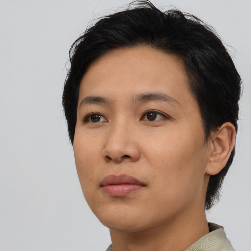 Neutral asian young-adult female with short  black hair and brown eyes