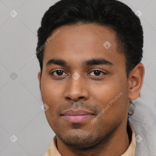Neutral latino young-adult male with short  black hair and brown eyes