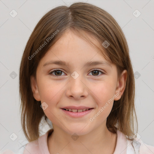 Joyful white child female with medium  brown hair and brown eyes