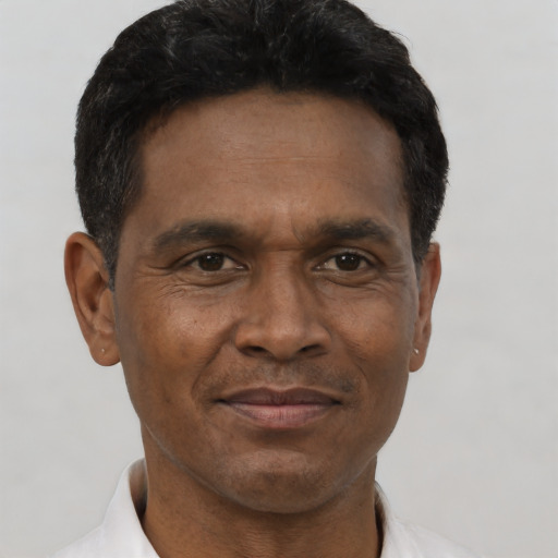 Neutral black adult male with short  black hair and brown eyes