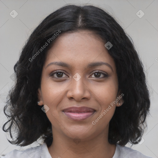 Joyful black young-adult female with medium  black hair and brown eyes