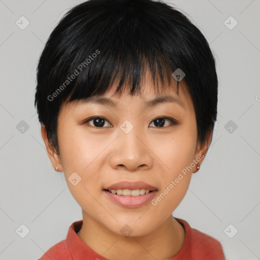 Joyful asian young-adult female with short  brown hair and brown eyes