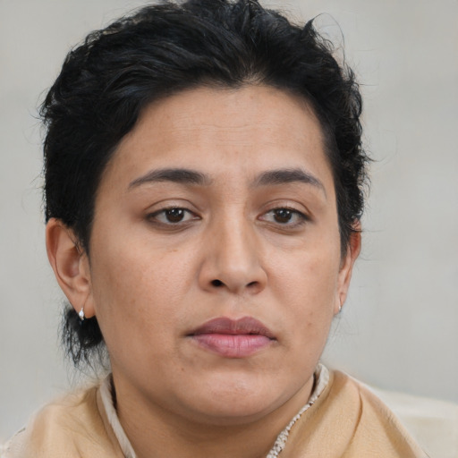 Neutral asian young-adult female with short  brown hair and brown eyes