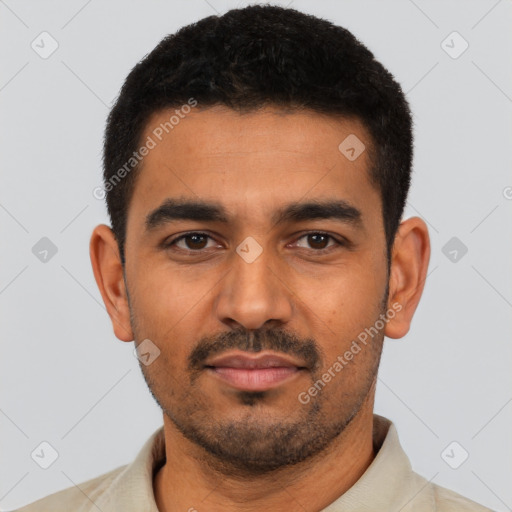 Neutral latino young-adult male with short  black hair and brown eyes