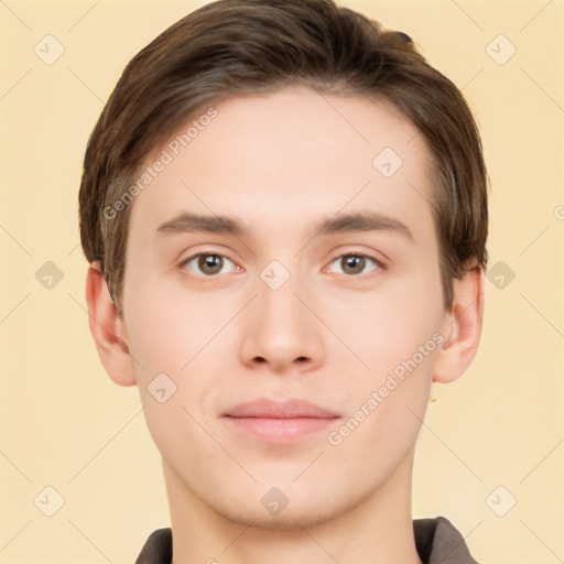 Neutral white young-adult male with short  brown hair and brown eyes