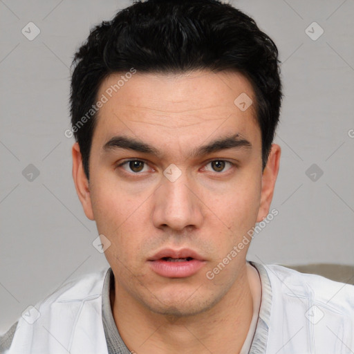 Neutral white young-adult male with short  black hair and brown eyes