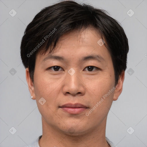 Joyful asian adult male with short  brown hair and brown eyes