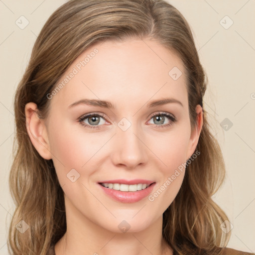 Joyful white young-adult female with long  brown hair and green eyes