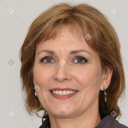 Joyful white adult female with medium  brown hair and brown eyes