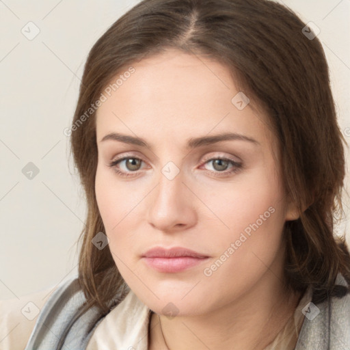 Neutral white young-adult female with medium  brown hair and grey eyes