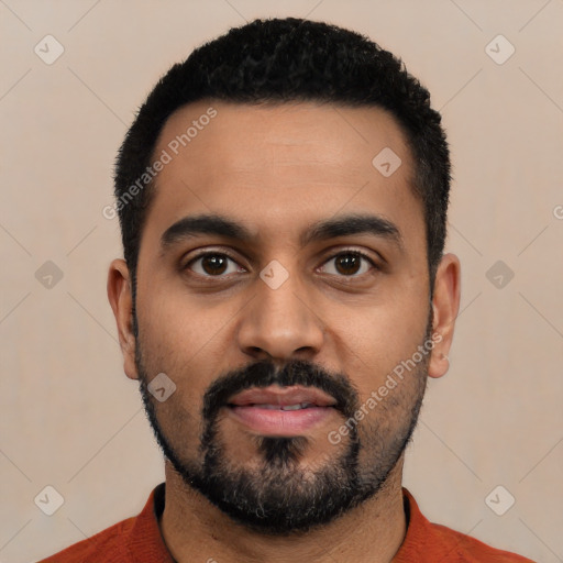 Neutral latino young-adult male with short  black hair and brown eyes