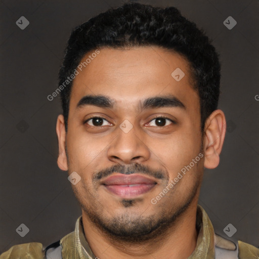 Joyful latino young-adult male with short  black hair and brown eyes