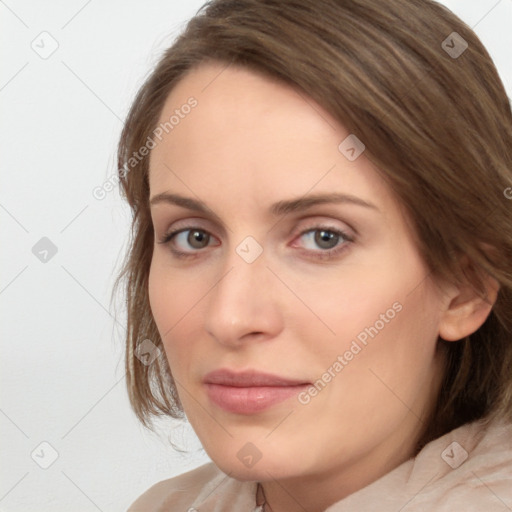 Neutral white young-adult female with medium  brown hair and brown eyes