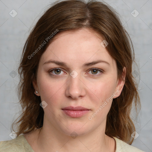 Joyful white young-adult female with medium  brown hair and blue eyes