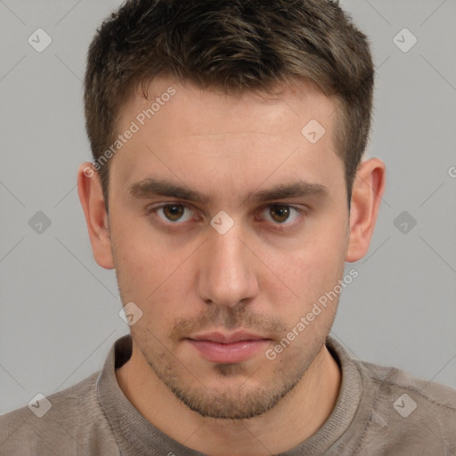 Neutral white young-adult male with short  brown hair and brown eyes