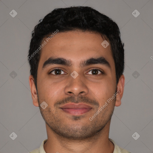 Joyful latino young-adult male with short  brown hair and brown eyes