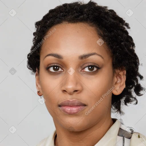 Neutral black young-adult female with short  black hair and brown eyes