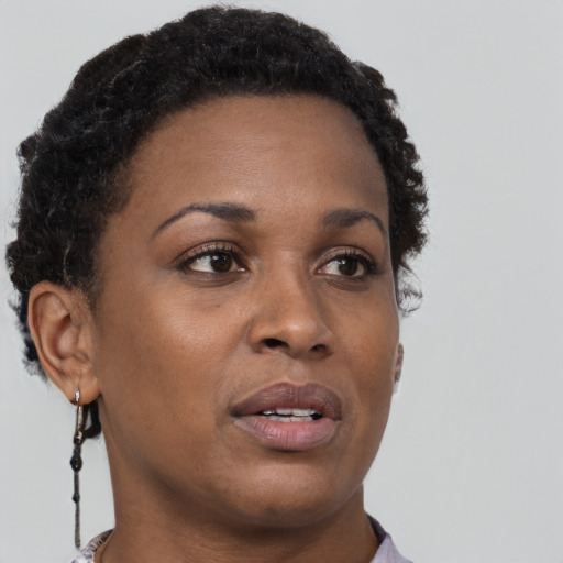 Joyful black adult female with short  brown hair and brown eyes