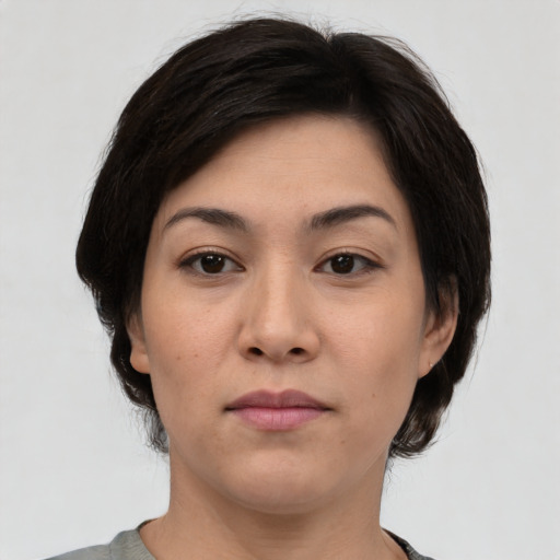 Neutral asian young-adult female with medium  black hair and brown eyes
