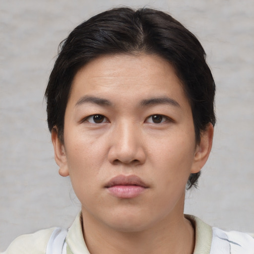 Neutral asian young-adult female with short  brown hair and brown eyes