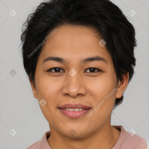 Joyful asian young-adult female with short  brown hair and brown eyes